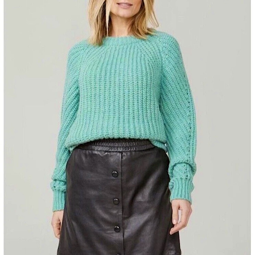 Summum Seafoam Green Alpaca Wool Cable Knit Crew Neck Sweater Size Small